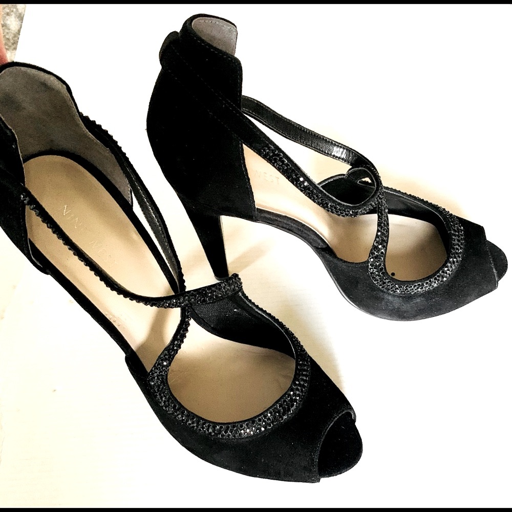 Nine West Black suede Peep Toe Stiletto Criss cross straps With Sparkles US 10